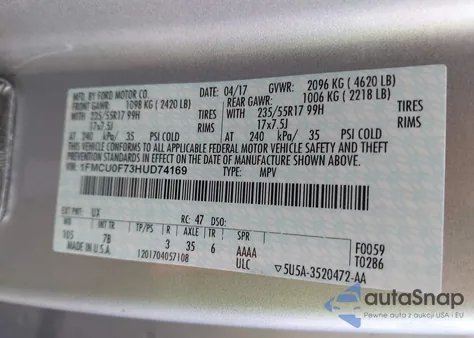 2017 Ford Escape S z USA, uszkodzony, nr VIN 1FMCU0F73HUD74169